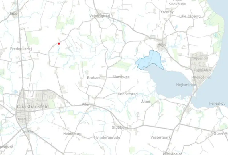 Oversigtskort over det mulige kvælstofvådområde ved Stavnsbjergvej 3