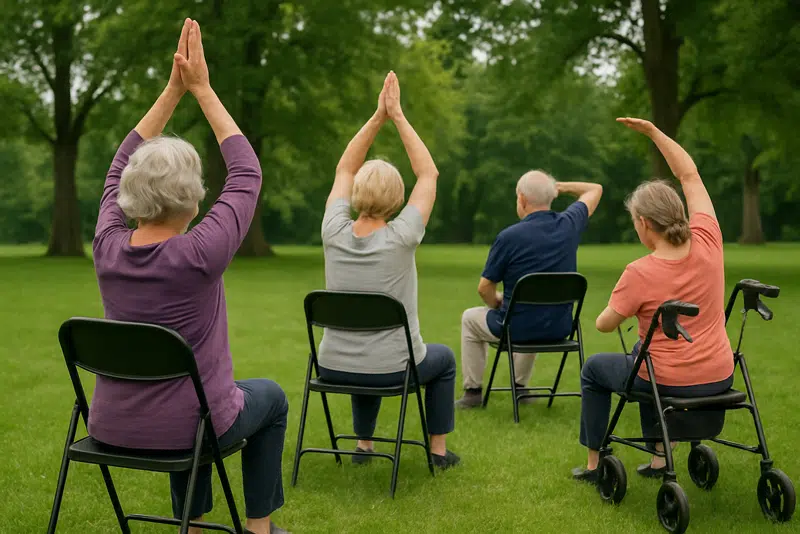 AI genereret billede af fire personer der dyrker stoleyoga. Den ene sidder på rollator.