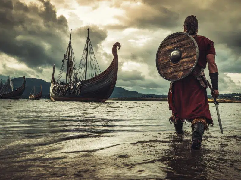 AI genereret billede af en viking og et vikingeskib