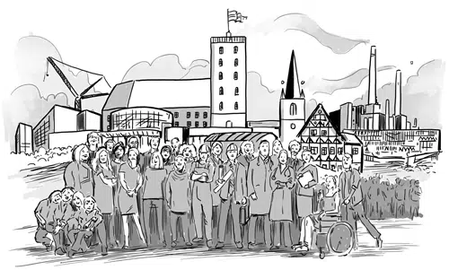 Tegning af en forskelligartet menneskemængde ud for bygninger der kendetegner Kolding