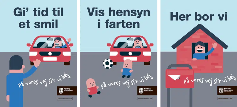 De tre plakater man kan låne til trafikkampganen "På vores vej si'r vi hej"