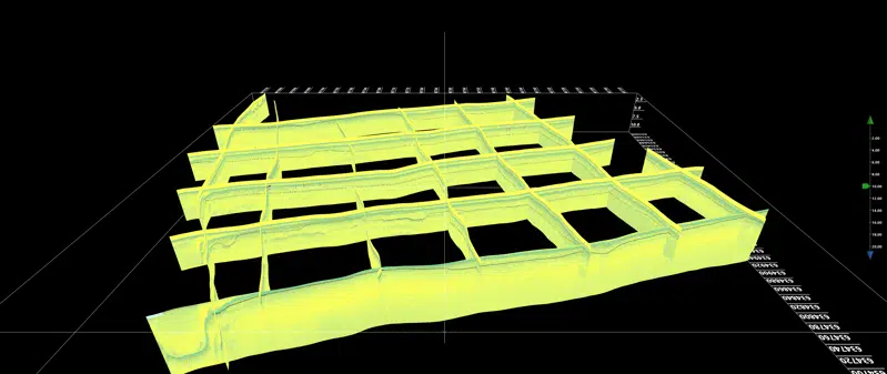3D visning af resultat af seismiske undersøgelser for alle sejlinier.