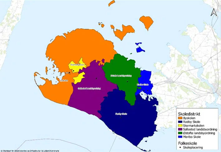 Kort med farvemarkering af skoledistrikter i Lolland Kommune