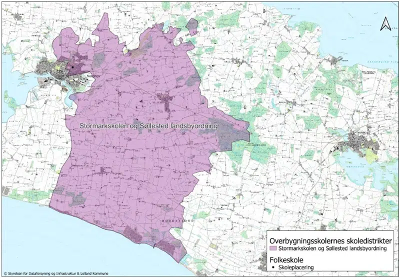 Farvemarkering over overbygning på Stormarkskolen og Søllested Landsbyordnings distrikt