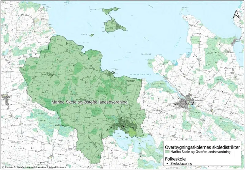 Farvemarkering på kort overbygning på Maribo Skole og Østofte Landsbyordnings distrikt