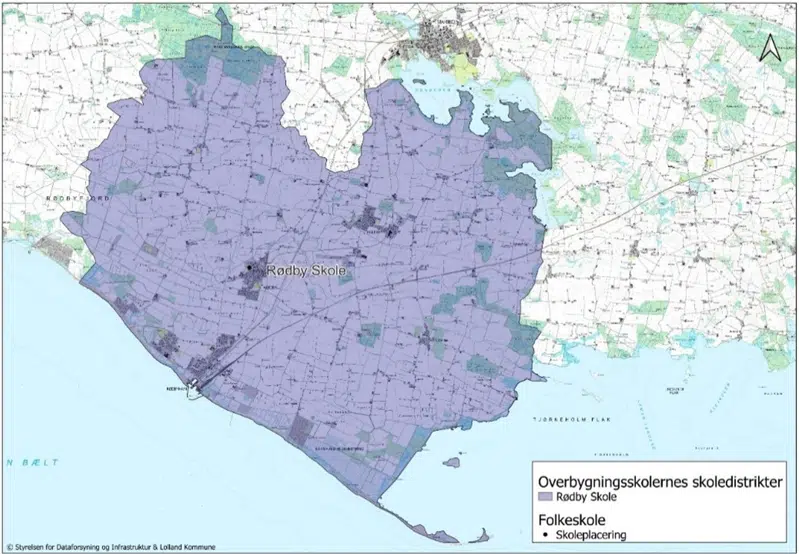 Farvemarkering på kort overbygning Rødby Skoles distrikt
