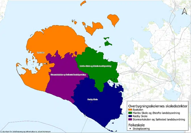 Kort med farvemarkering over overbygningsskolernes skoledistrikter i Lolland Kommune