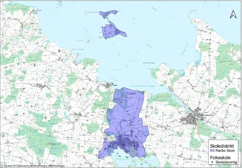 Farvemarkering på kort over Maribo Skoles distrikt