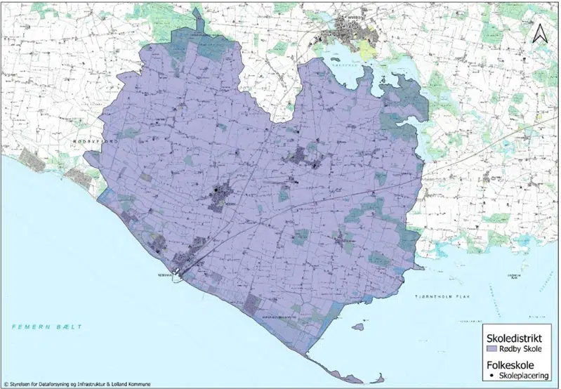 Farvemarkering på kort over Rødby Skoles distrikt
