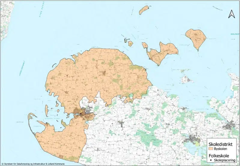 Farvemarkering på kort over Byskolens distrikt