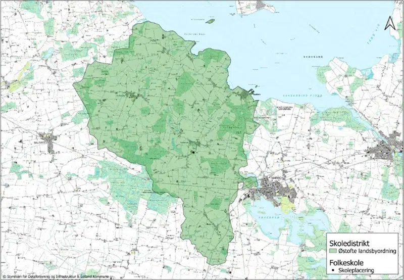 Farvemarkering over Østofte Landsbyordnings distrikt