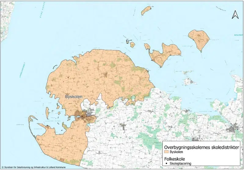 Farvemarkering på kort over overbygning på Byskolens distrikt