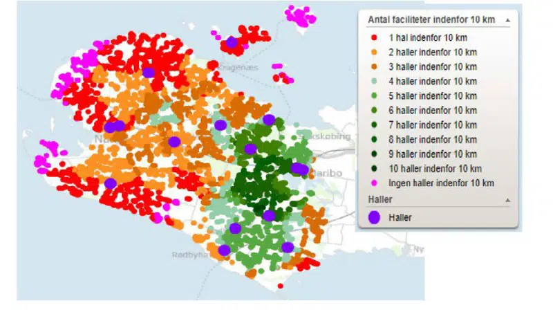 Et billede der viser hvor mange haller der er indenfor et givent område på Lolland.
