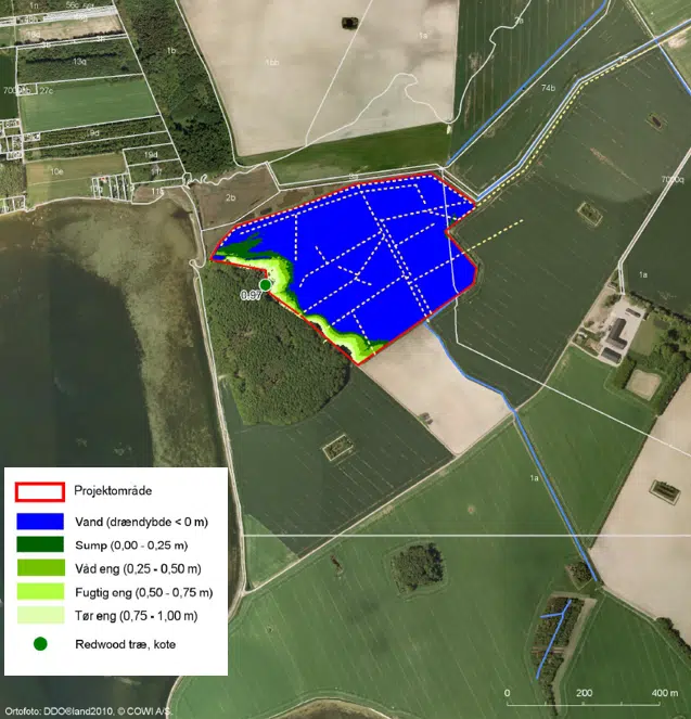 Luftfoto med markering af projektområdet med blåt