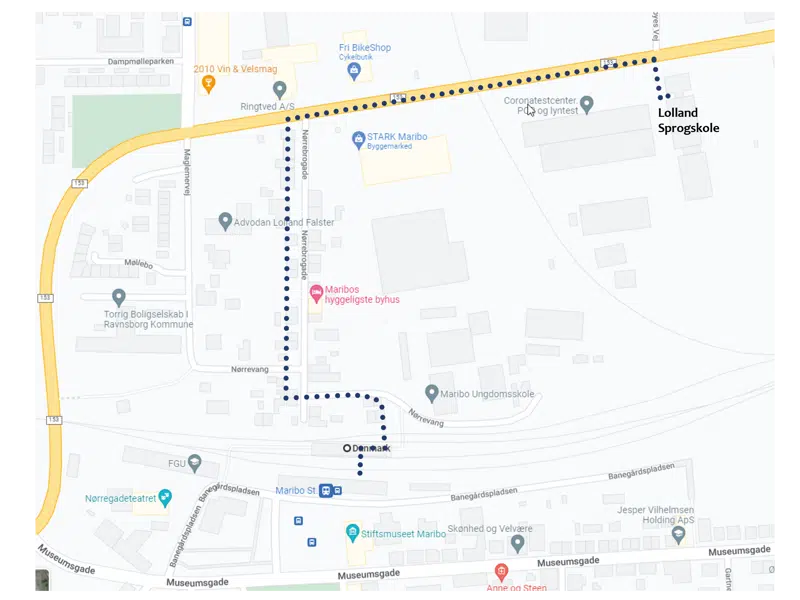 Kort der visualiserer ruten til sprogskolen