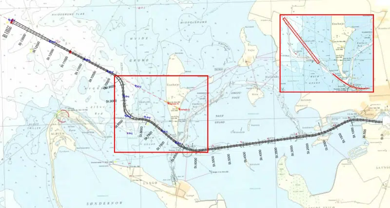 Kort med uddybning og udvidelse af sejlrenden