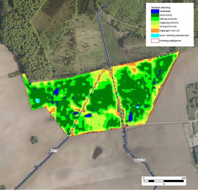 Luftfoto med markering af vandstandsforhold samt de forskellige arealer og typer