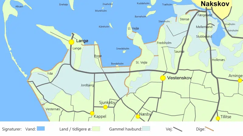 Oversigtskort over Det Forsvundne Ørige ved Nakskov Fjord