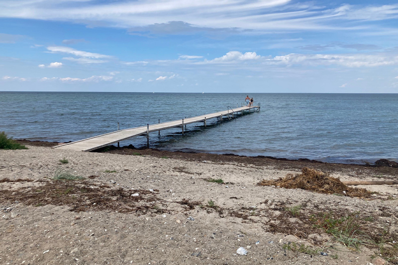 Foto af strandbred med badebro og for enden af broen badegæster