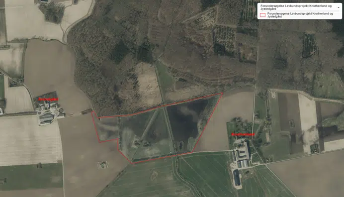 Projektområdet for forundersøgelsen er markeret med rødt på ovenstående flyfoto