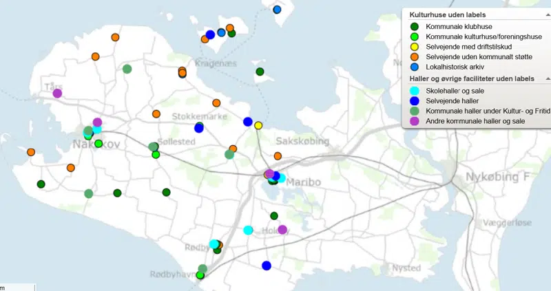 Et kort over kommunale og selvejende kulturhuse, foreningshuse, haller, lokalhistoriske arkiver  i Lolland Kommune.