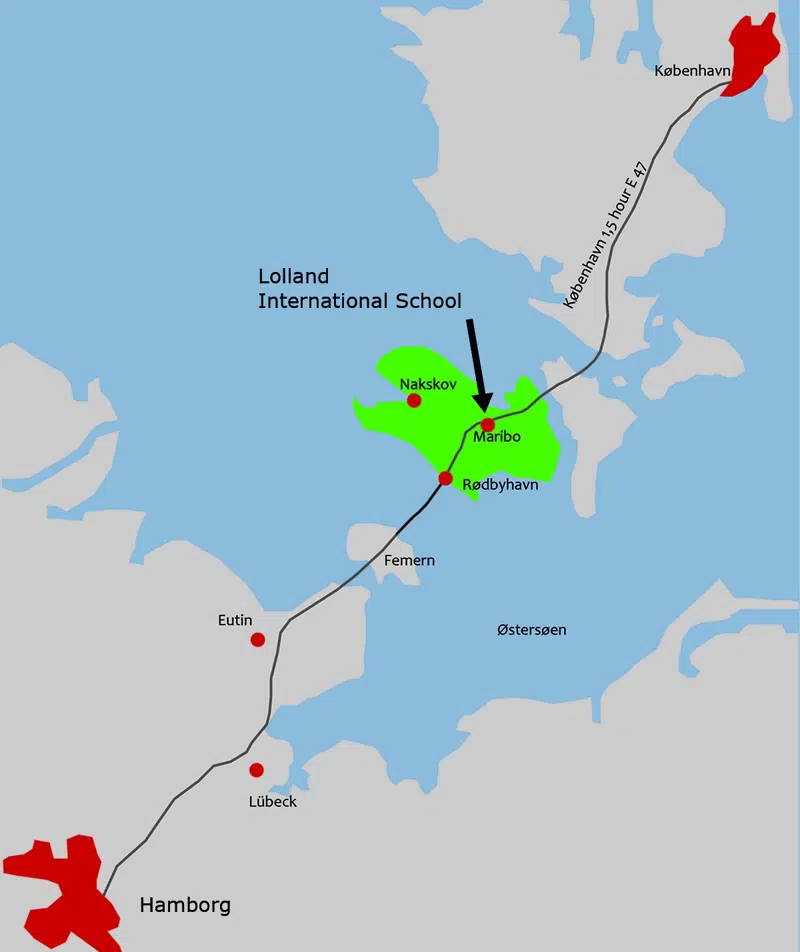 Illustration of map with the school marked on Lolland