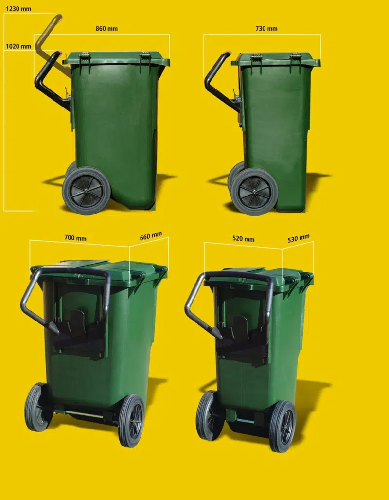 Billede af affaldsbeholderen fra alle sider med mål.