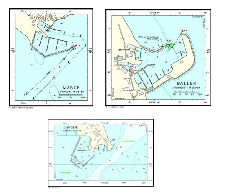 Tre havne kort af Mårup, Ballen og Langøre havn