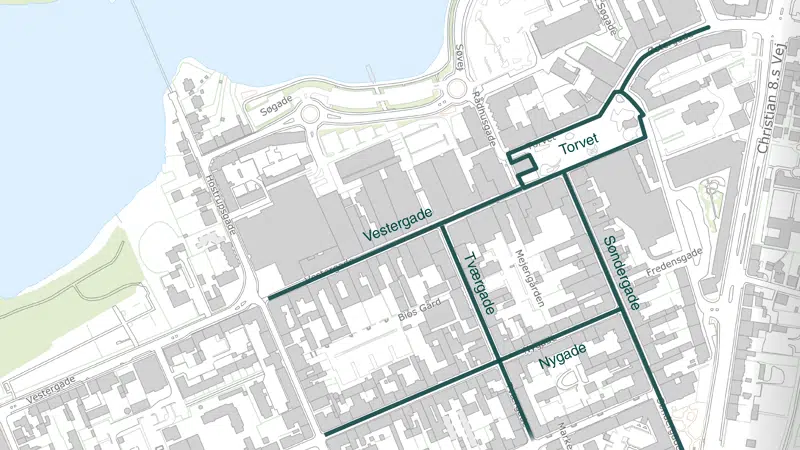 Kort over silkeborg med markering af torvet, Vestergade, Tværgade, Nygade, Søndergade og Østergade