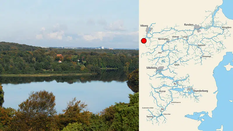 Foto af Hald Sø sammen med kort, der viser beliggenheden