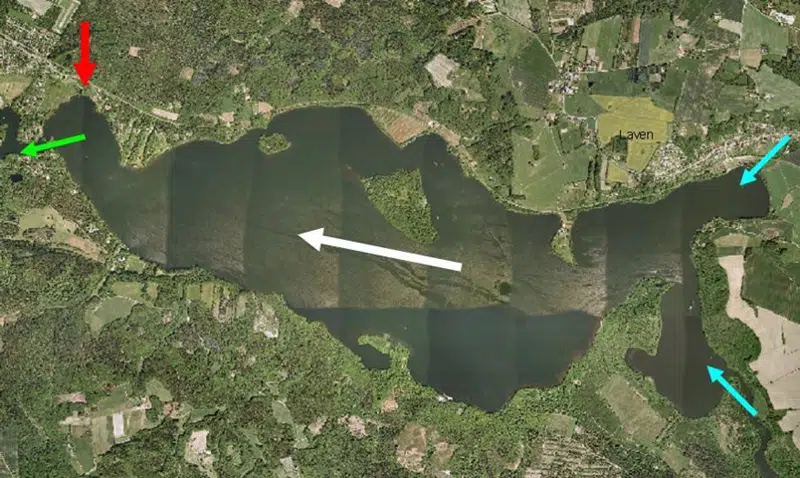 Oversigt over Julsø. Strømretning, udløb fra vandløb, kontrolsteder og afløb vist med forskelligt farvede pile