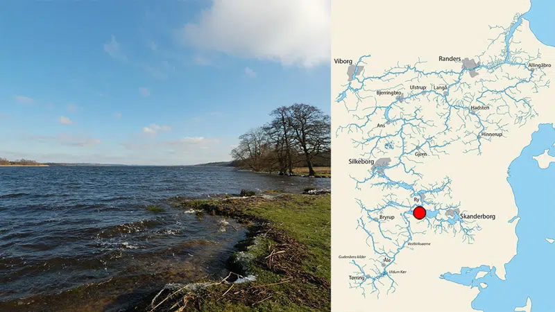 Foto af Mossø sammen med kort, der viser beliggenheden