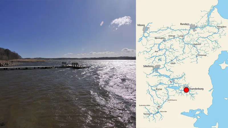 Foto af Skanderborg Sø sammen med kort, der viser beliggenheden