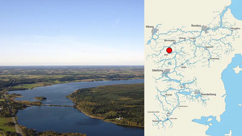 Foto af Tange Sø sammen med kort, der viser beliggenheden