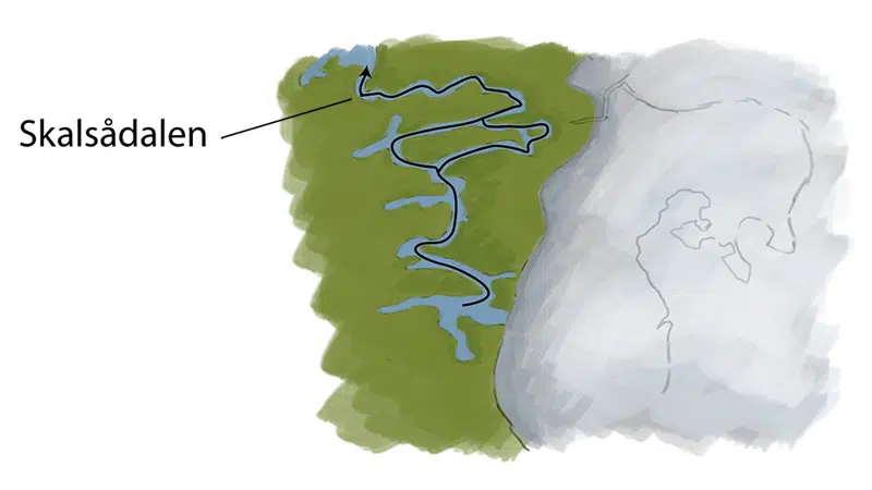 Tegning fra istiden, hvor gletsjernes smeltevand strømmer ud mod Randers Fjord 