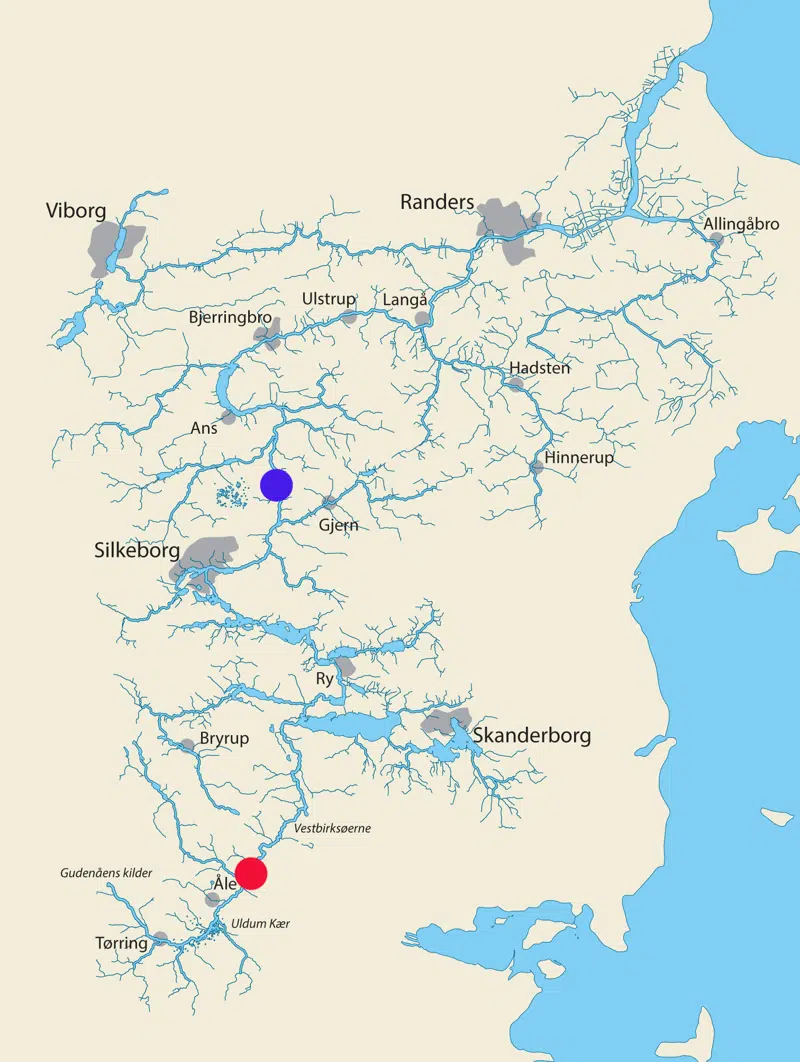 Kort, der viser placering af Tvilumbro nord for Silkeborg og Åstedbro nord for Tørring