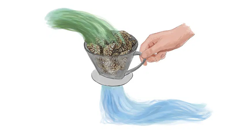 Tegning, der viser vandremuslinger filtrere grøn og grumset vand, så det bliver klart. Som gennem et kafefilter i en tragt