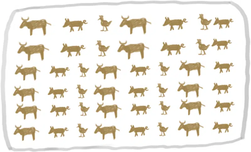 Tegning, der viser masser af husdyr i Gudenåens opland