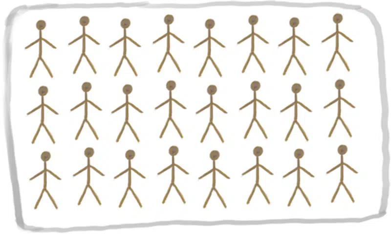 Tegning, der visr masser af mennesker i Gudenåens opland