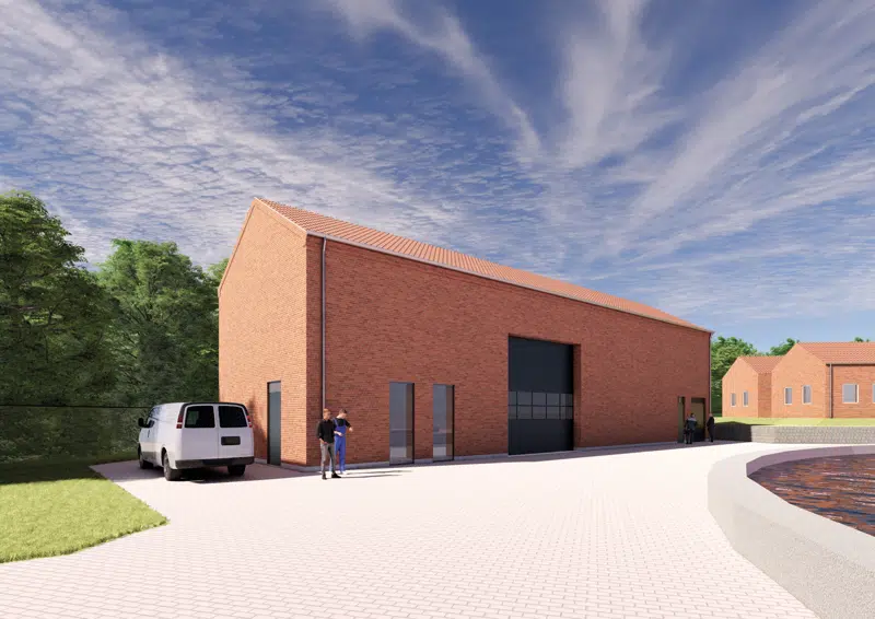 Visualiserings af den kommende bygning til spildevandsvarmepumpen. 